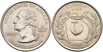 США 25 центов = квотер 1999 Р, серия штаты США, Джорджия KM 296 медь плакированная медно-никелем 4586-113