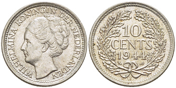 Нидерланды 10 центов 1944 P, Вильгельмина I (1890-1948) KM 163 серебро 4181-1235