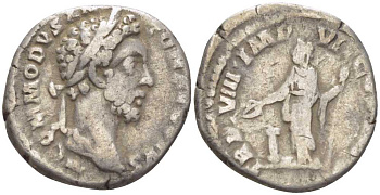 Римская Империя денарий 183 Коммод, M COMMODVS ANTON AVG PIVS / TR P VIII IMP VI COS IIII P P, Рим, fine RIC 66 серебро 1073-4-5-6