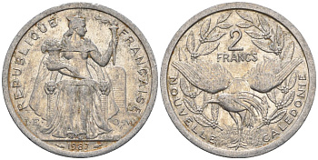 Французская Новая Каледония 2 франка 1987 птица кагу, (IEOM) KM 14, Schoen 11, Lec 64 алюминий    27-1034