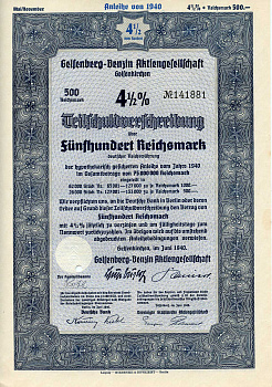 Германия 500 рейхсмарок 1940 АО Гельсенберг-Бензин, 4-1/2% частичное обязательство, облигация   бумага   8804-06-1