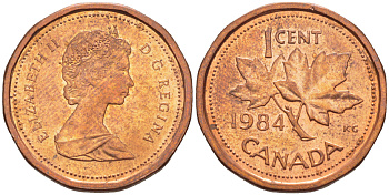 КАНАДА 1 ЦЕНТ 1984 КЛЕНОВЫЙ ЛИСТ, ЕЛИЗАВЕТА II (1953-) KM 132 бронза 201-135