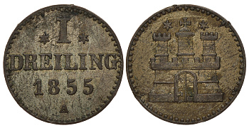 Гамбург 1 дрейлинг 1855 А KM 275 серебро 00-000-00