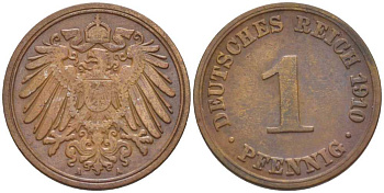 ГЕРМАНИЯ 1 ПФЕННИГ 1910 A KM 10, J. 10, Weege 2 медь 211-426
