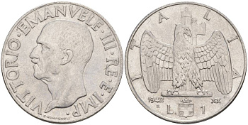 ИТАЛИЯ 1 ЛИРА 1942 R, ГОД XX, ВИКТОР ЭММАНУИЛ III (1900-1946) KM 77b, VEM3. 1102 нержавеющая сталь 3855-433