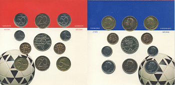 Бельгия набор из 10 монет + жетон 1994 Belgie-Belgique, чемпионат мира по футболу 1994 года В США, в оригинальном картонном буклете KM MS 7 UNC 6-6-2-18