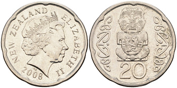 Новая Зеландия 20 центов 2008 Елизавета II (1952-2022), идол Пукаки KM 118а никелированная сталь 4579-1231