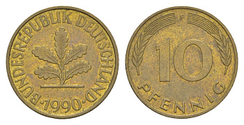 ФРГ 10 пфеннигов 1990 F KM 108, J. 383 сталь плакированная латунью 4627-127