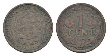 Нидерланды 1 цент 1916 Вильгельмина (1890-1948) KM 152 бронза 75-144