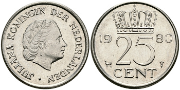 НИДЕРЛАНДЫ 25 ЦЕНТОВ 1980 ЮЛИАНА KM 183 никель 96-256