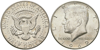 США 1/2 доллара (50 центов) 1969 D, Джон Кеннеди KM 202a серебро UNC 221-1026