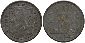 Бельгия 1 франк 1942 Belgique - Belgie, Леопольд III (1934-1947), германская оккупация, Вторая мировая война KM 127 цинк 4161-443