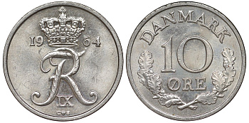 Дания 10 эре 1964 C; S, Фредерик IX (1947-1972) KM 849.1 медно-никель 4174-169