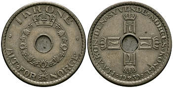 Норвегия 1 крона 1939 Хокон VII (1905 - 1957) KM 385 медно-никель 4582-332