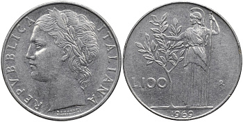 Италия 100 лир 1969 R, Афина в доспехах KM 96.1 нержавеющая сталь 4165-215