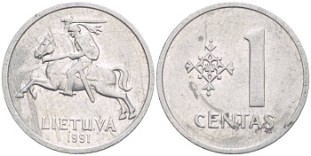 ЛИТВА 1 ЦЕНТ 1991 ПОГОНЯ KM 81 алюминий 4549-218