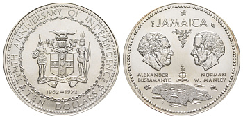 Ямайка 10 долларов 1972 10 лет независимости KM 60 серебро BU 1083-2-14