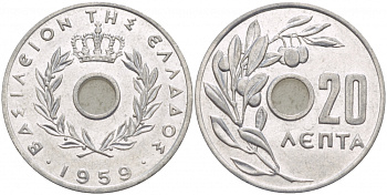 Греция 20 лепта 1959 Павел I (1947-1964), оливковая ветвь KM 79 алюминий 4548-321