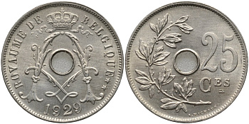 Бельгия 25 сантимов 1929 BELGIQUE KM 68.1 медно-никель UNC 4171-653