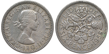 Великобритания 6 пенсов 1958 Елизавета II (1952-2022) KM 903, Spink 4149 медно-никель 4122-617