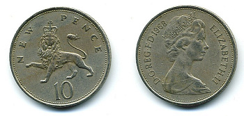Великобритания 10 пенсов 1968 Елизавета II (1952-2022) KM 912, Spink 4231 (F1) медно-никель  4110-1125
