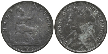 Великобритания 1/2 пенни 1877 Виктория (1837-1901) KM 754, Spink 3956 бронза 34-143
