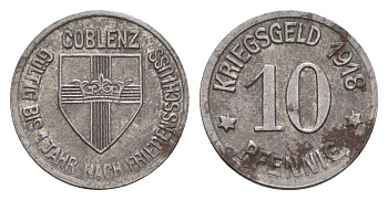 Кобленц 10 пфеннигов 1918 Funck 80.1A, Men05 4526.1, Men18 5727.1 железо 4659-317