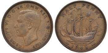 Великобритания 1/2 пенни 1945 Георг VI (1936-1952) KM 844, Spink 4115 бронза 4128-854