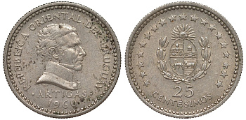 Уругвай 25 сентесимо 1960 KM 40 медно-никель 4532-249