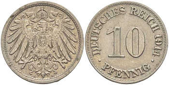 ГЕРМАНИЯ 10 ПФЕННИГОВ 1914 A KM 12, J. 13 медно-никель 33-955