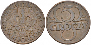 ПОЛЬША 5 ГРОШЕЙ 1938 w KM 10а бронза 112-1157