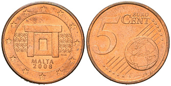 Мальта 5 евроцентов 2008 F KM 127 сталь плакированная медью UNC 4551-1254