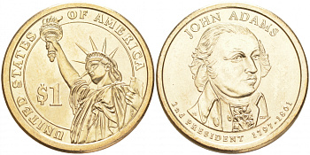США 1 доллар 2007 P, серия президенты США, Джон Адамс (1797-1801) KM 402 медь с марганцево-латунным покрытием UNC M31-05