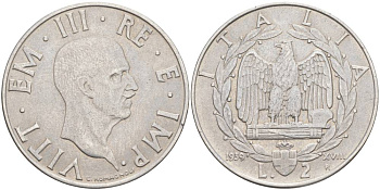 ИТАЛИЯ 2 ЛИРЫ 1939 R, ГОД XVIII, ВИКТОР ЭММАНУИЛ III (1900-1946), МАГНИТНАЯ, ГУРТ РИФЛЁНЫЙ KM 78b, VEM3. 1152 нержавеющая сталь 3855-226