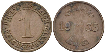 ГЕРМАНИЯ 1 РЕЙХСПФЕННИГ 1935 A KM 37, J. 313, Weege 2 бронза 211-128