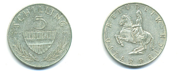 Австрия 5 шиллингов 1960 KM 2889 серебро 83-425