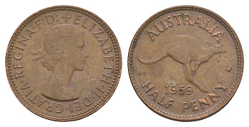 Австралия 1/2 пенни 1959 Елизавета II (1952-2022), кенгуру KM 61 бронза 4652-142