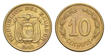 Эквадор 10 сентаво 1942 KM 76a латунь 1528-1431