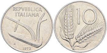 Италия 10 лир 1973 R, плуг KM 93 алюминий    4592-1254