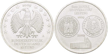 ФРГ 10 евро 2009 A, 600 лет университета Лейпцига KM 282, DE.S. 10.42 серебро UNC 413-821