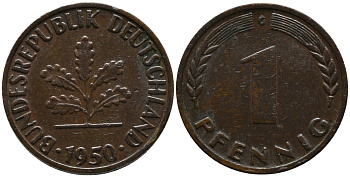 ФРГ 1 пфенниг 1950 G KM 105, J.380 сталь плакированная медью 99-252