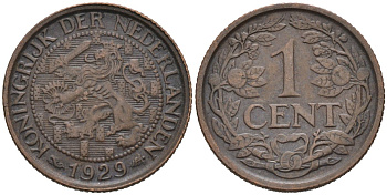 Нидерланды 1 цент 1929 Вильгельмина (1890-1948) KM 152 бронза 4576-741