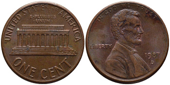 США 1 цент 1987 D, Линкольн KM 201b цинк плакированный медью 66-1032