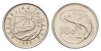 Мальта 10 центов 1986 год-тип, золотая макрель KM 76 медно-никель UNC 39-616