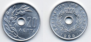 Греция 20 лепта 1969 Константин II (1964-1974), оливковая ветвь KM 79 алюминий UNC 41-1037