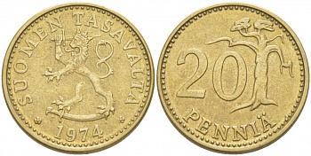 Финляндия 20 пенни 1974 S KM 47 алюминиевая бронза 3718-1252