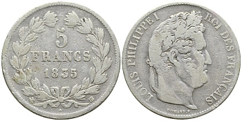 Франция 5 франков 1835 BB, Луи Филипп I (1830-1848) KM 749.3 серебро 1066-7-62
