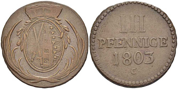 САКСОНИЯ 3 ПФЕННИГА 1803 С, ФРИДРИХ АВГУСТ III (1763-1806) KM 1037 (С92) медь 210-216