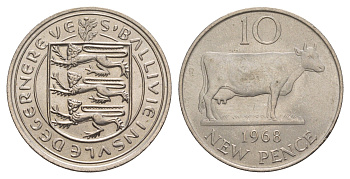 Гернси 10 новых пенсов 1968 Гернсийская корова KM 24 медно-никель aUNC 4660-153