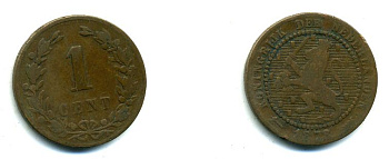 Нидерланды 1 цент 1878 Виллем III (1849-1890) KM 107 бронза 36-1121